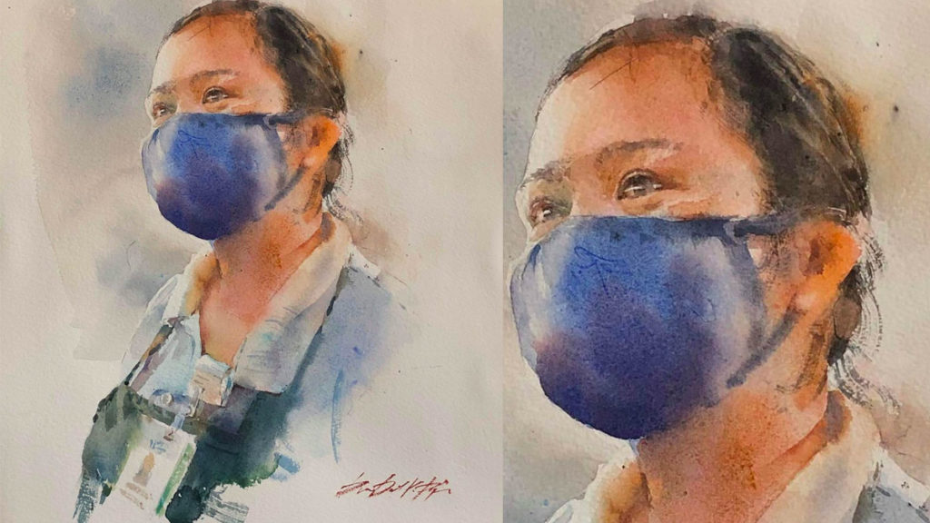 A watercolor painting by Filipino artist, Dino Dante Pajao dedicated to the Frontliners